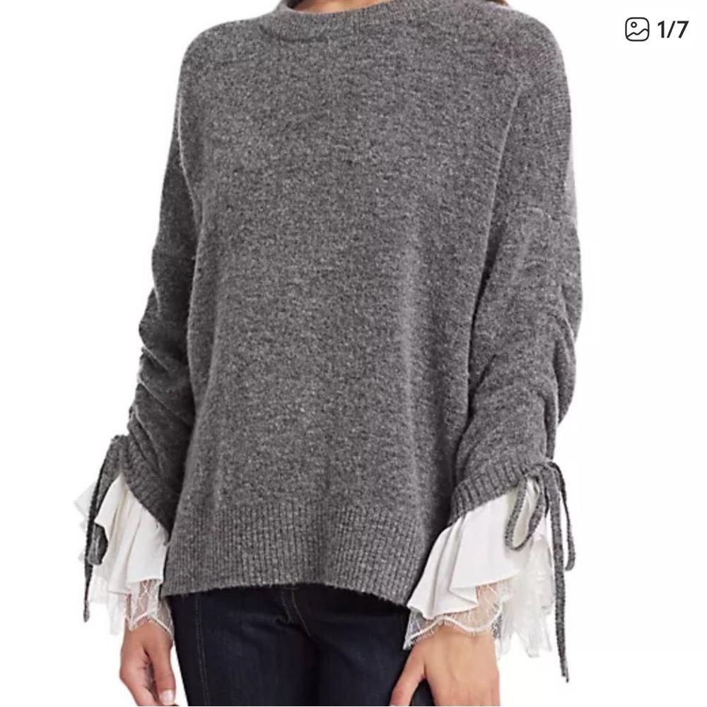 Cinq a Sept Atlas Gray Women's Sweater with bishop sleeve/lace cuff